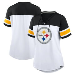 Pittsburgh Steelers Women's Athena Rhinestone Lace-Up V-Neck T-Shirt White/Black
