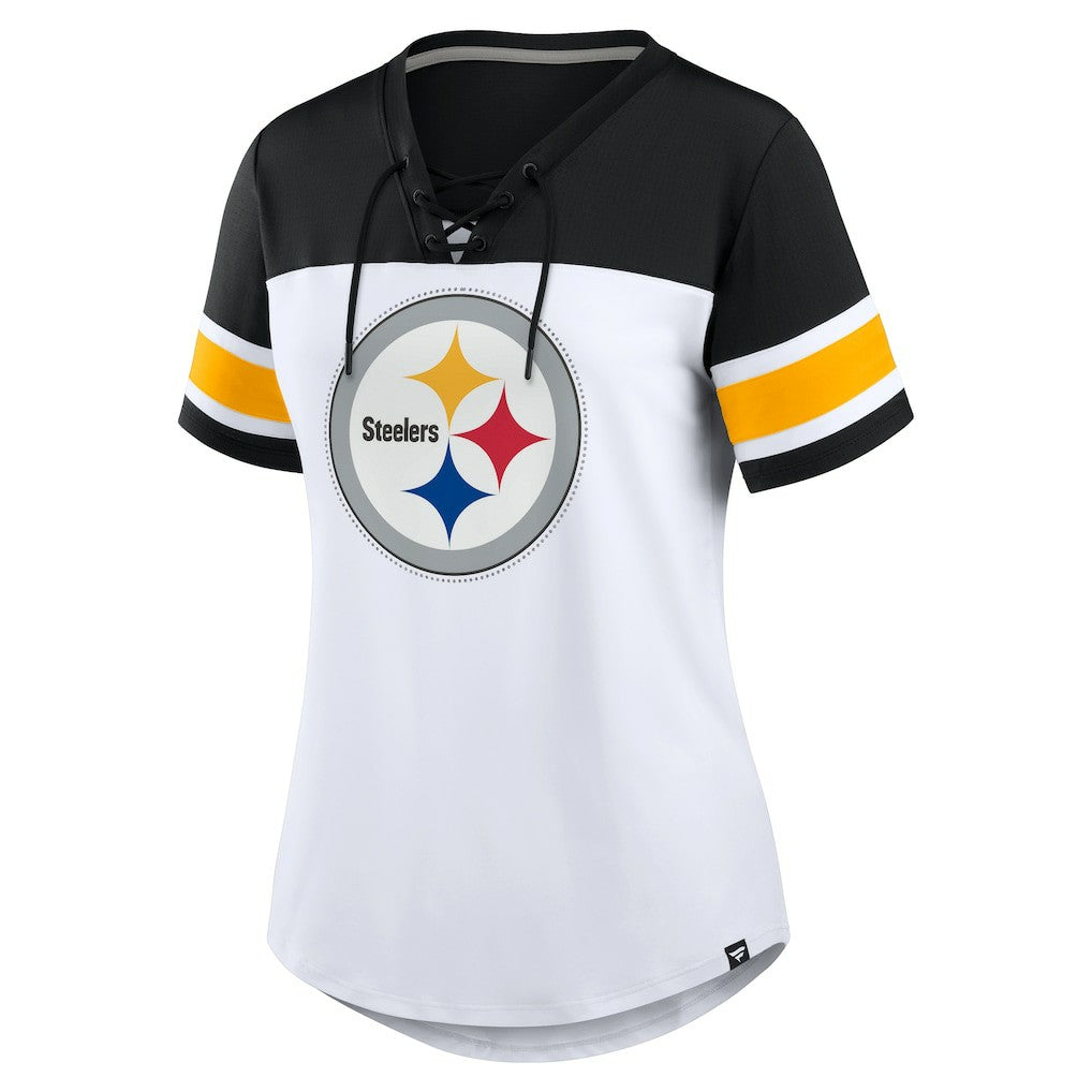 Pittsburgh Steelers Women's Athena Rhinestone Lace-Up V-Neck T-Shirt White/Black
