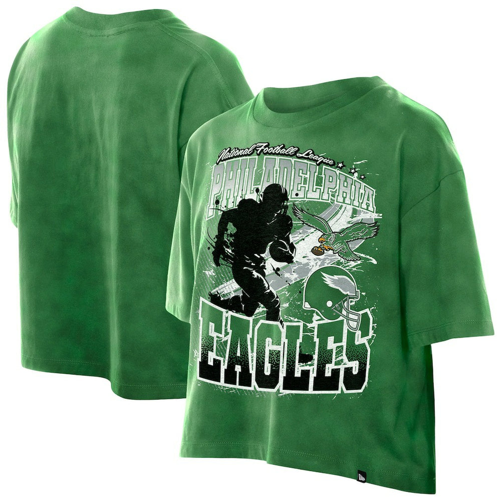 Philadelphia Eagles New Era Women's Cropped Boxy Sport Classics Mineral Wash T-Shirt Kelly Green