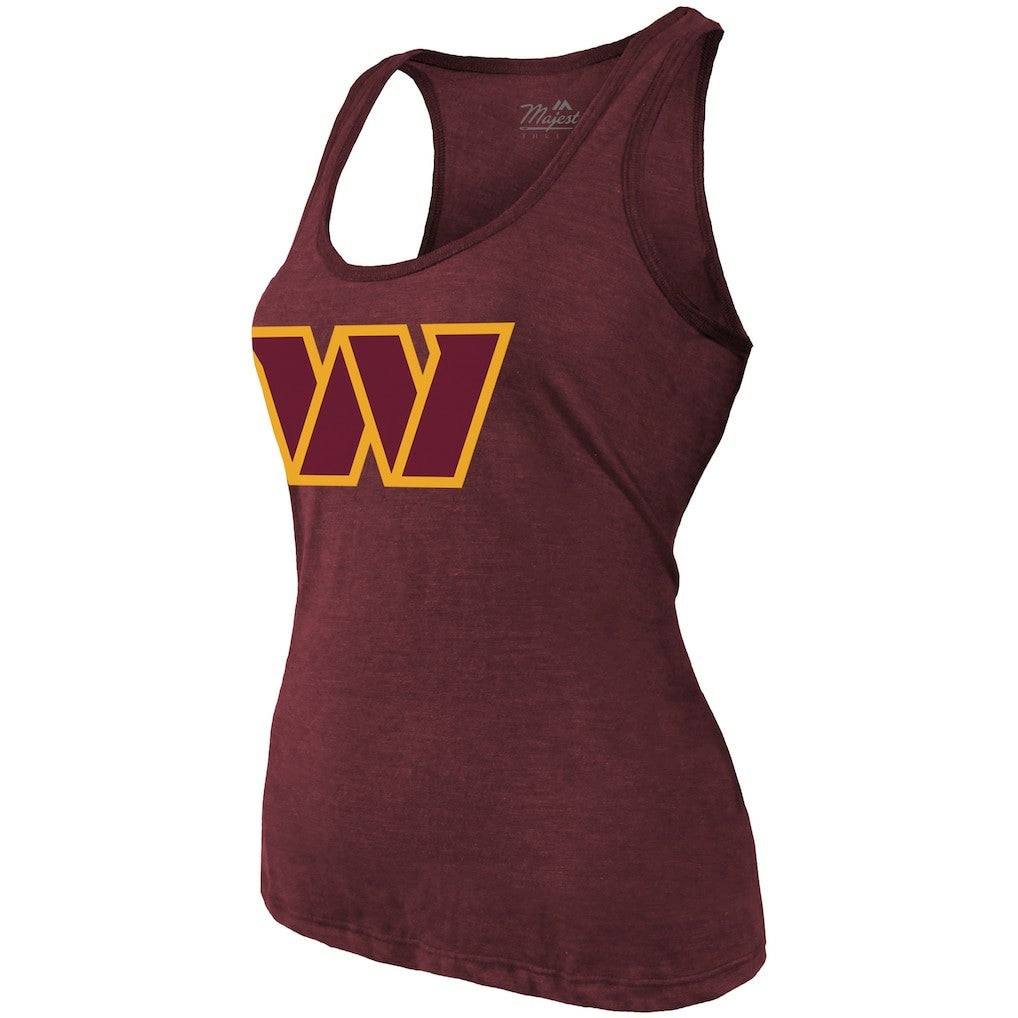 Jayden Daniels Washington Commanders Majestic Threads Women's Name & Number Tri-Blend Scoop Neck Tank Top Burgundy