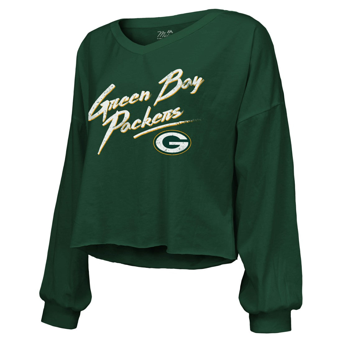 Jordan Love Green Bay Packers Majestic Threads Women's Name & Number Off-Shoulder Script Cropped Long Sleeve Relaxed V-Neck T-Shirt Green