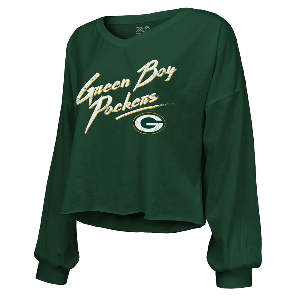 Jordan Love Green Bay Packers Majestic Threads Women's Name & Number Off-Shoulder Script Cropped Long Sleeve Relaxed V-Neck T-Shirt Green