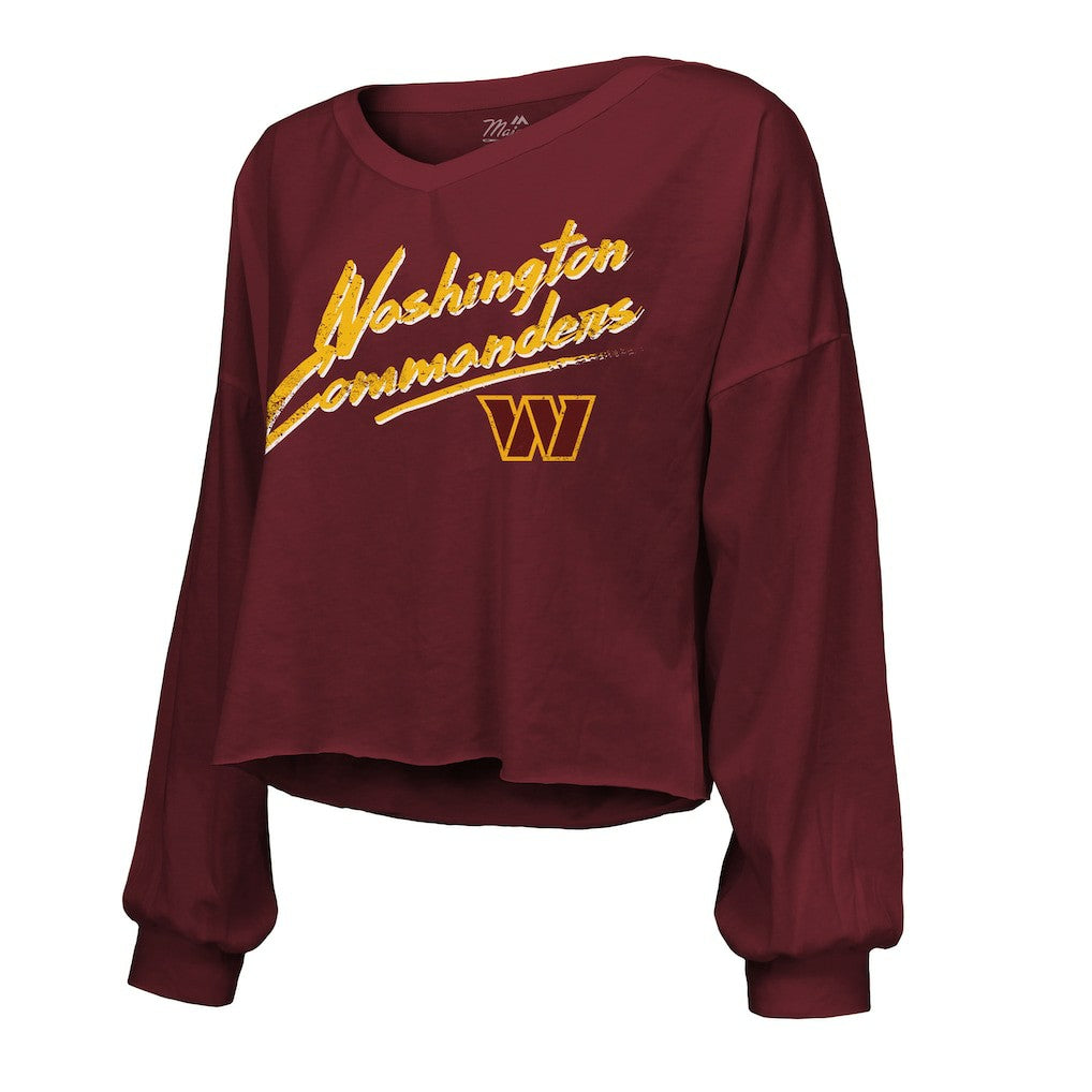 Jayden Daniels Washington Commanders Majestic Threads Women's Name & Number Off-Shoulder Script Cropped Long Sleeve Relaxed V-Neck T-Shirt Burgundy