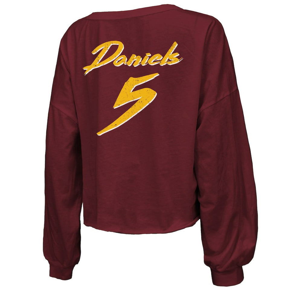 Jayden Daniels Washington Commanders Majestic Threads Women's Name & Number Off-Shoulder Script Cropped Long Sleeve Relaxed V-Neck T-Shirt Burgundy