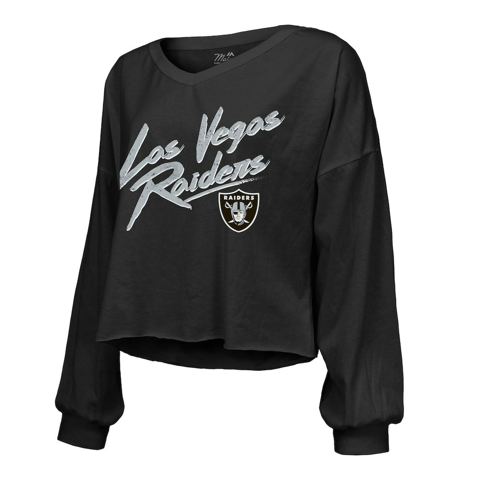 Maxx Crosby Las Vegas Raiders Majestic Threads Women's Name & Number Off-Shoulder Script Cropped Long Sleeve Relaxed V-Neck T-Shirt Black