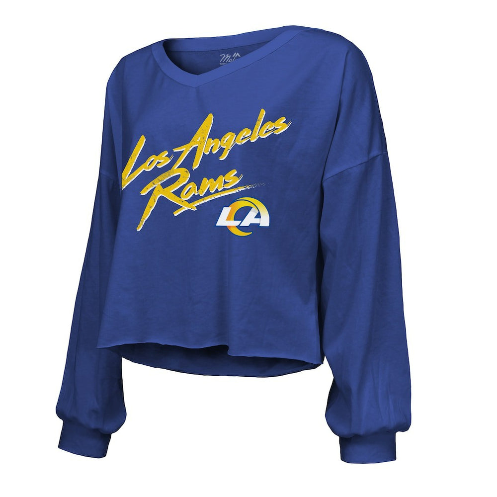 Puka Nacua Los Angeles Rams Majestic Threads Women's Off-Shoulder Script Player Name & Number Cropped Long Sleeve V-Neck T-Shirt Royal