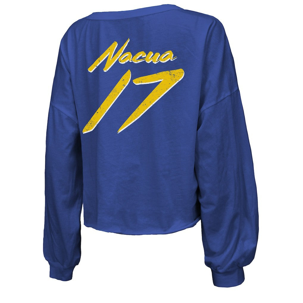 Puka Nacua Los Angeles Rams Majestic Threads Women's Off-Shoulder Script Player Name & Number Cropped Long Sleeve V-Neck T-Shirt Royal