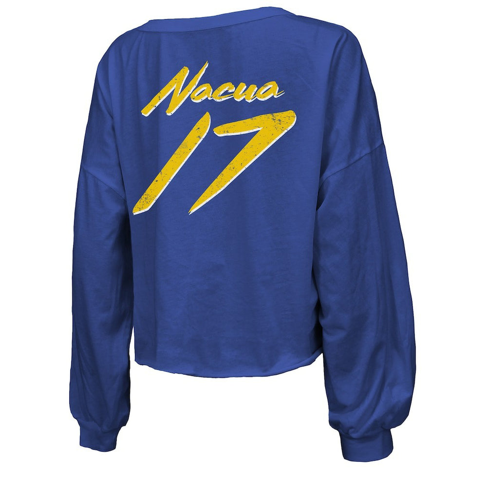 Puka Nacua Los Angeles Rams Majestic Threads Women's Off-Shoulder Script Player Name & Number Cropped Long Sleeve V-Neck T-Shirt Royal