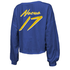 Puka Nacua Los Angeles Rams Majestic Threads Women's Off-Shoulder Script Player Name & Number Cropped Long Sleeve V-Neck T-Shirt Royal