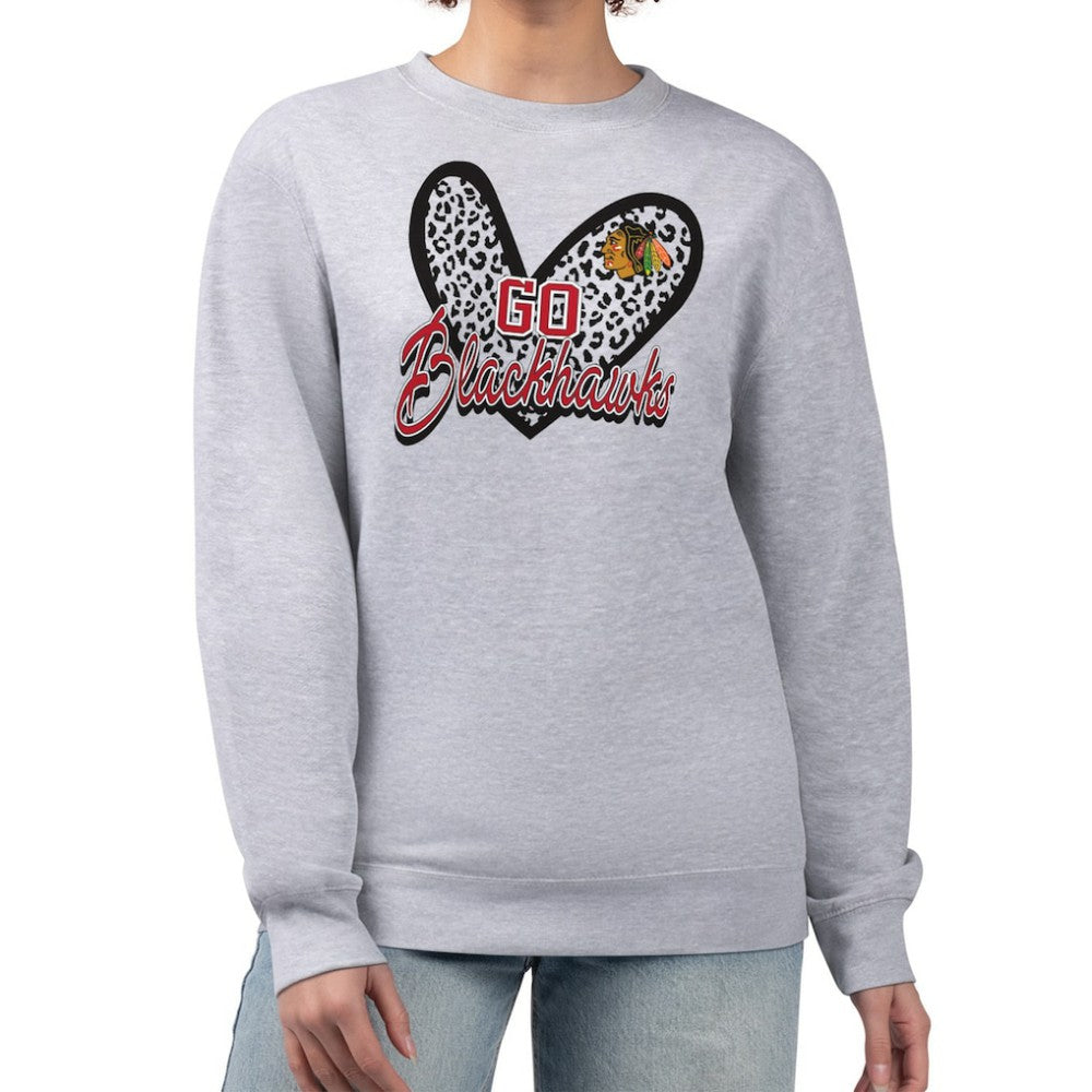 NHL Chicago Blackhawks G-III 4Her by Carl Banks Women's Animal Print Heart Fleece Pullover Sweatshirt - Heather Gray