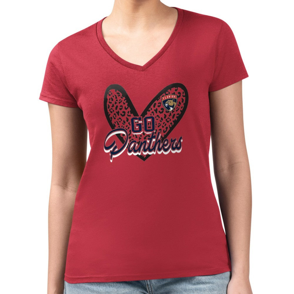 NHL Florida Panthers G-III 4Her by Carl Banks Women's Super-Slim Fit Lightweight Animal Print Heart V-Neck T-Shirt - Red