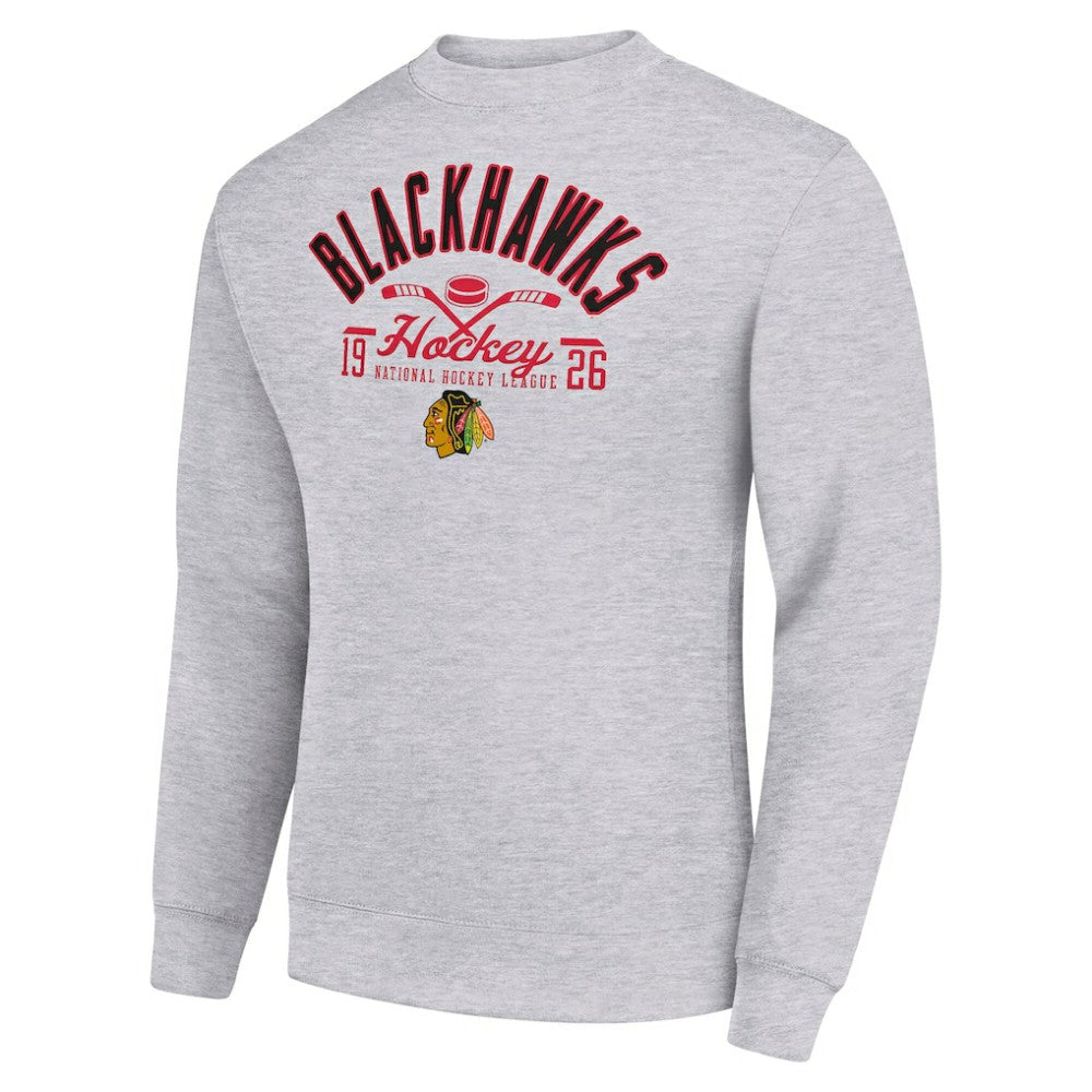 NHL Chicago Blackhawks Starter Stick And Puck Logo Fleece Pullover Sweatshirt - Heather Gray