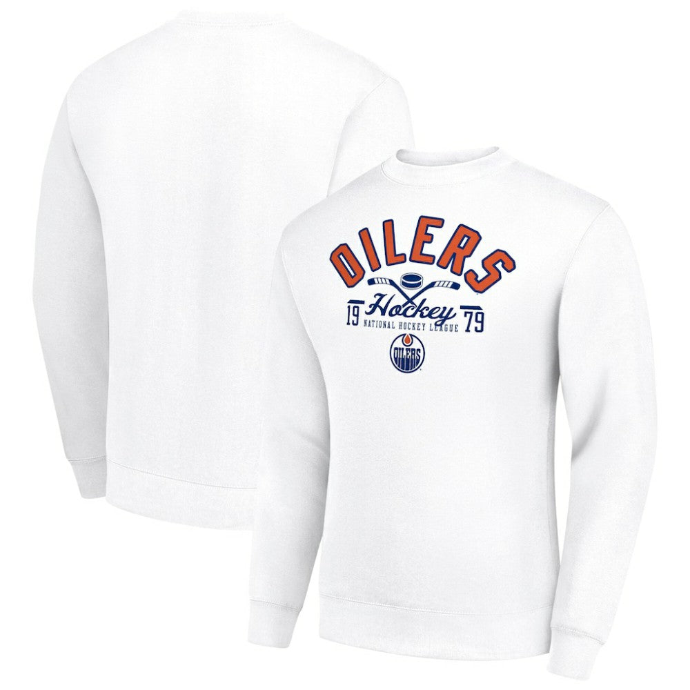 NHL Edmonton Oilers Starter Stick And Puck Logo Fleece Pullover Sweatshirt - White