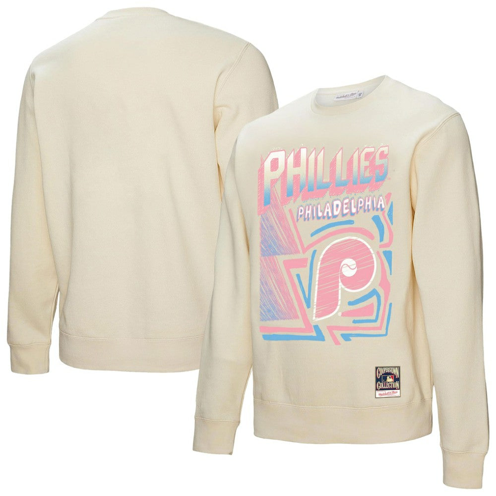 Philadelphia Phillies Mitchell & Ness Sidewalk Sketch Pullover Sweatshirt - Cream Pullover