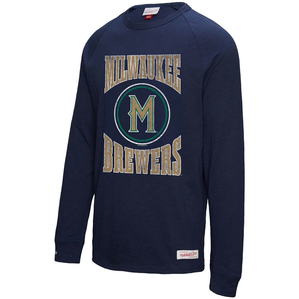 Milwaukee Brewers Mitchell & Ness Arched Logo Slub Long Sleeve T-Shirt - Navy T-shirts