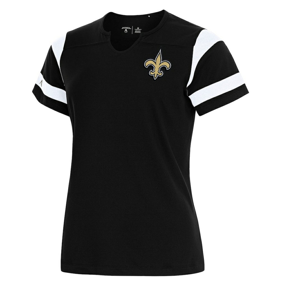 New Orleans Saints Antigua Women's Encounter Short Sleeve Notch Neck Top Black