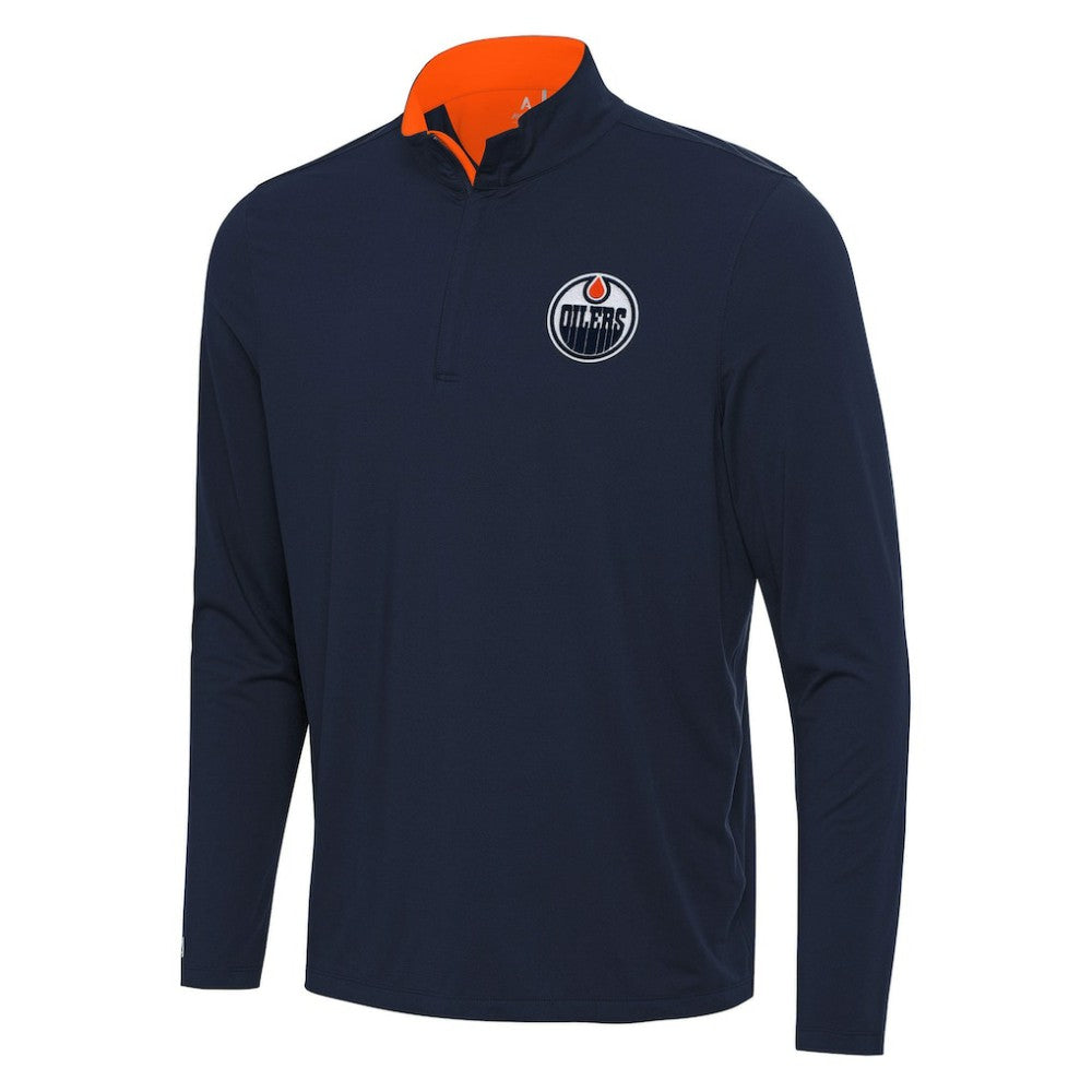 NHL Edmonton Oilers Antigua Content Quarter-Zip Pullover Top - Navy/Orange