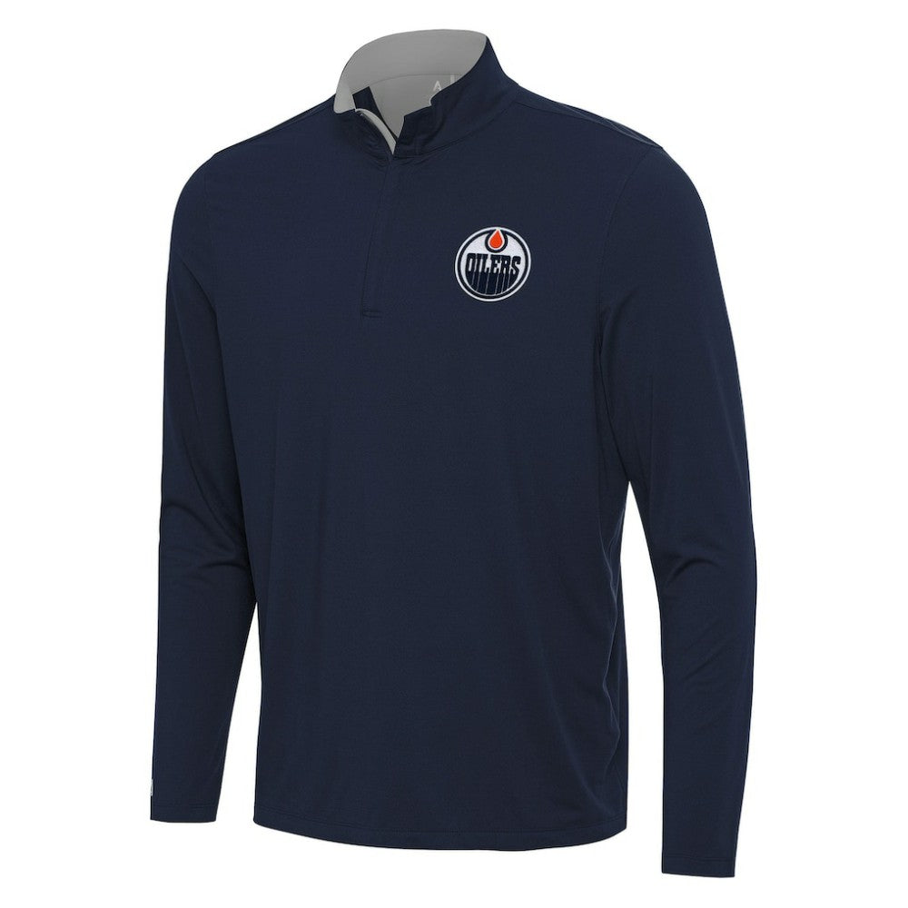 NHL Edmonton Oilers Antigua Content Quarter-Zip Pullover Top - Navy/Gray