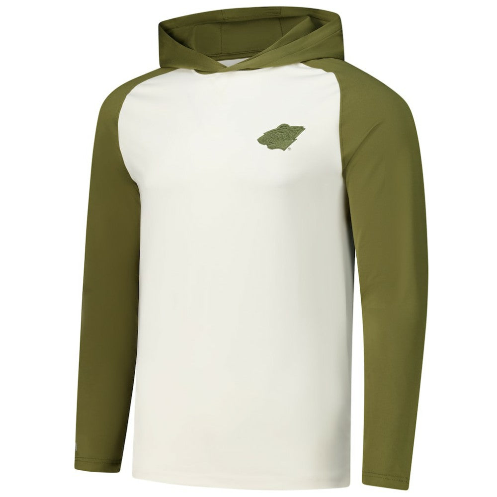 NHL Minnesota Wild Antigua Intrepid Sand Raglan Long Sleeve Hoodie T-Shirt - Cream/Olive