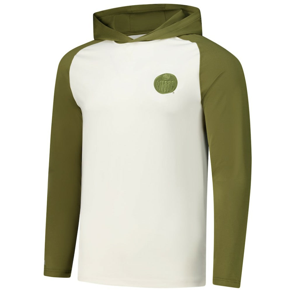 NHL Edmonton Oilers Antigua Intrepid Sand Raglan Long Sleeve Hoodie T-Shirt - Cream/Olive