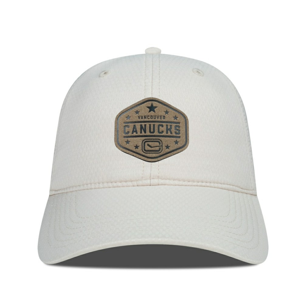 NHL Vancouver Canucks Men's Levelwear Faux Leather Patch Unstructured Adjustable Hat - Cream