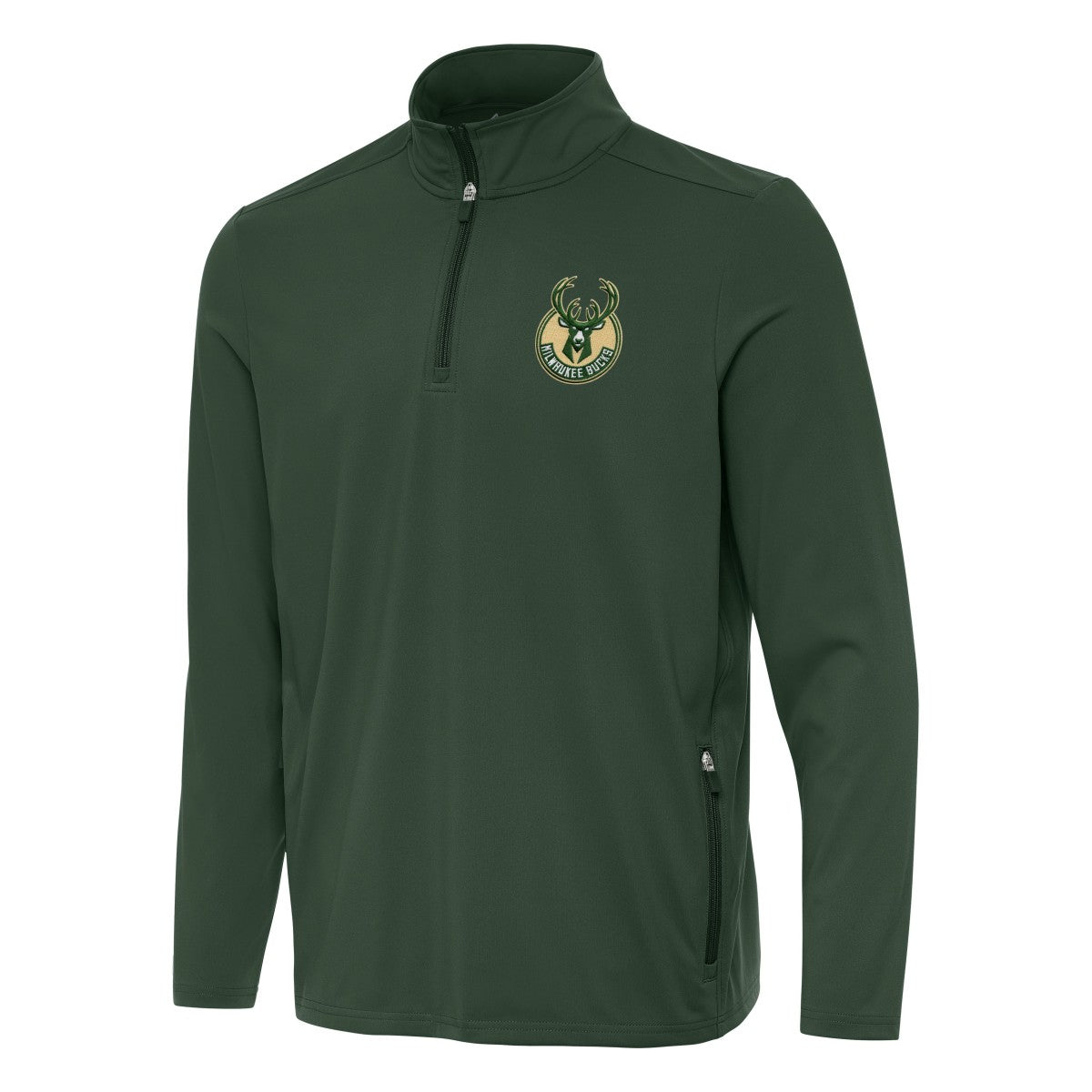 Milwaukee Bucks Antigua Perilous Quarter-Zip Sweatshirt Hunter Green