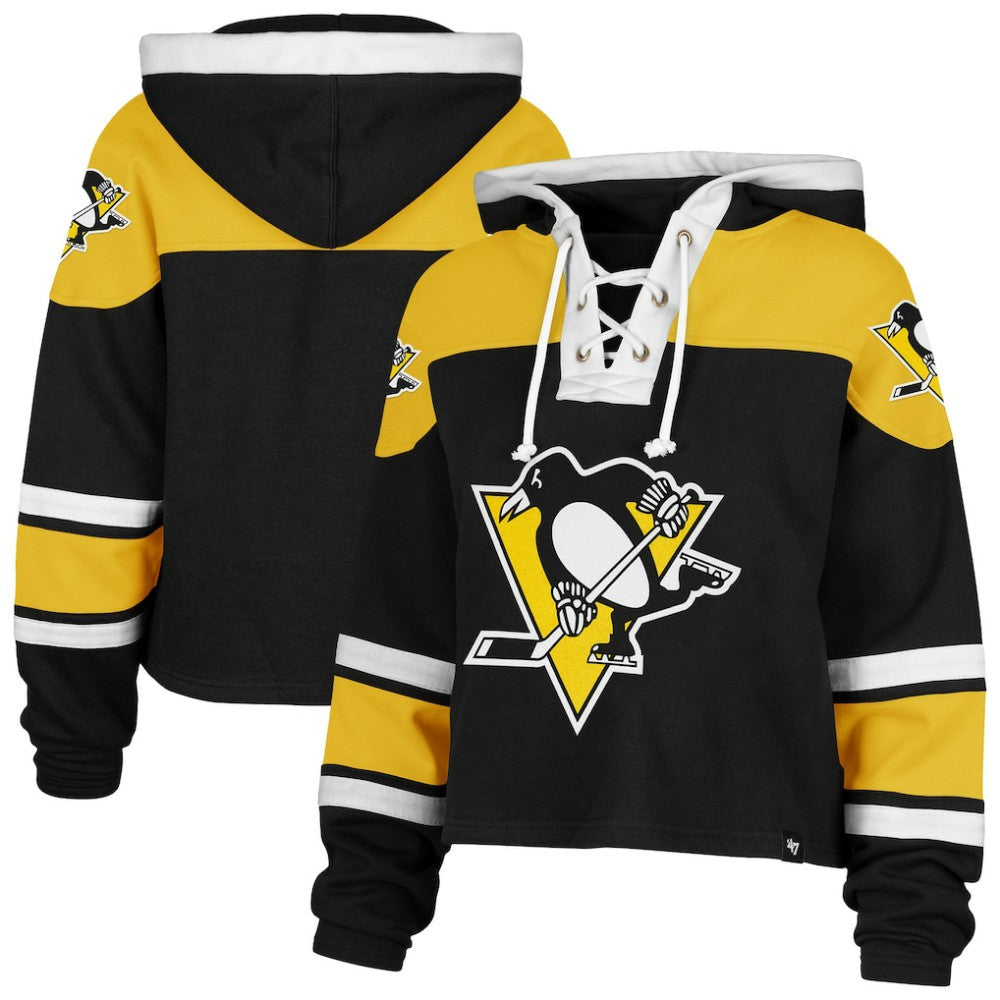 NHL Pittsburgh Penguins '47 Women's Cropped Superior Lacer Pullover Hoodie - Black