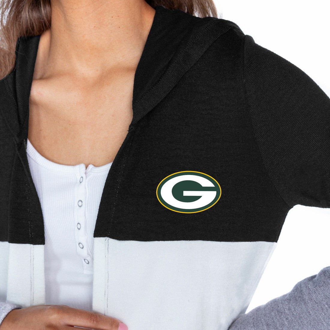 Green Bay Packers Gameday Couture Women's Tri-Blend Color Block Lightweight Cardigan Hoodie Black