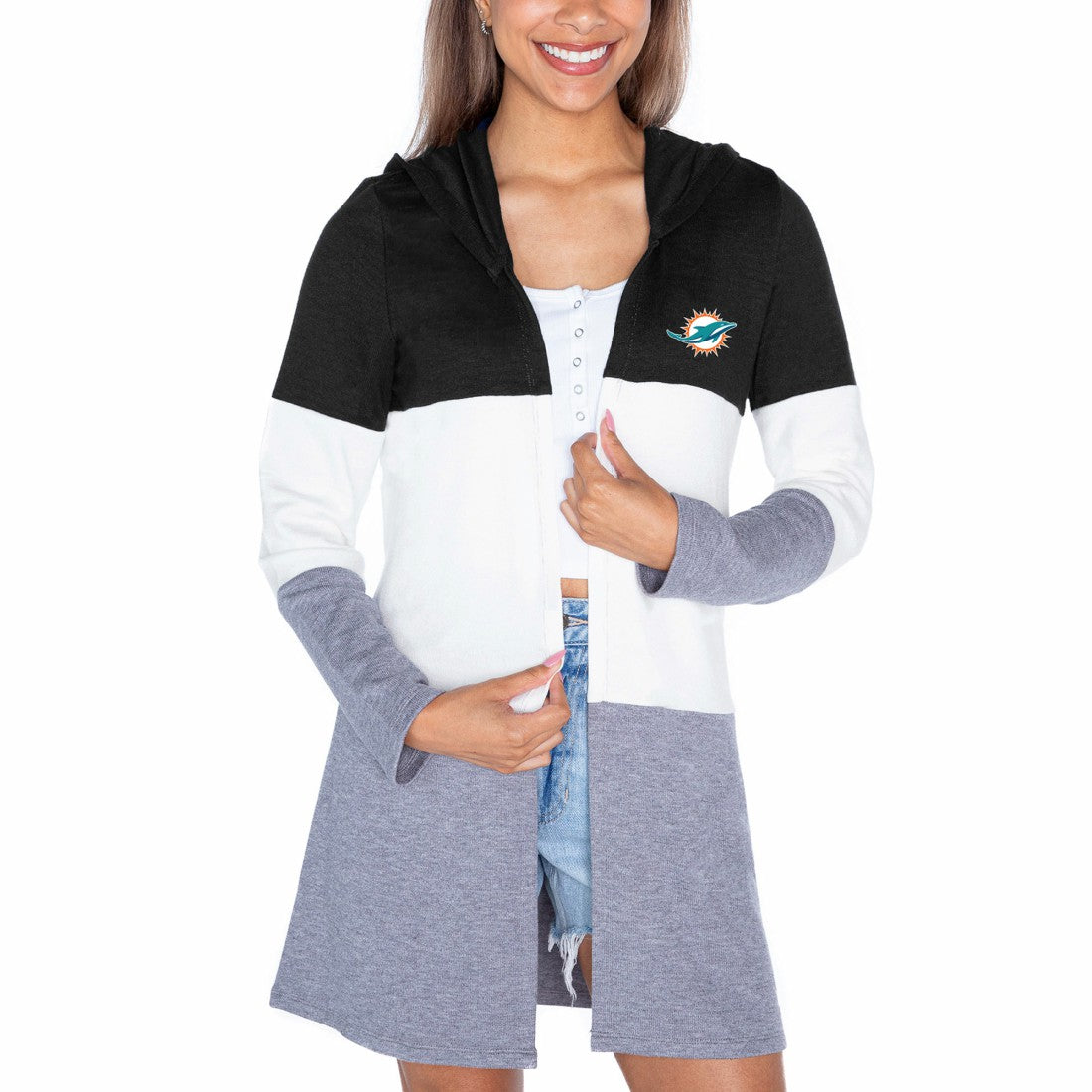 Miami Dolphins Gameday Couture Women's Tri-Blend Color Block Lightweight Cardigan Hoodie Black