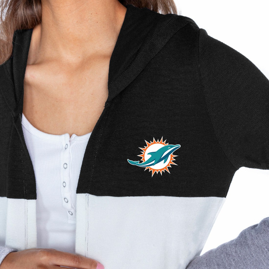 Miami Dolphins Gameday Couture Women's Tri-Blend Color Block Lightweight Cardigan Hoodie Black