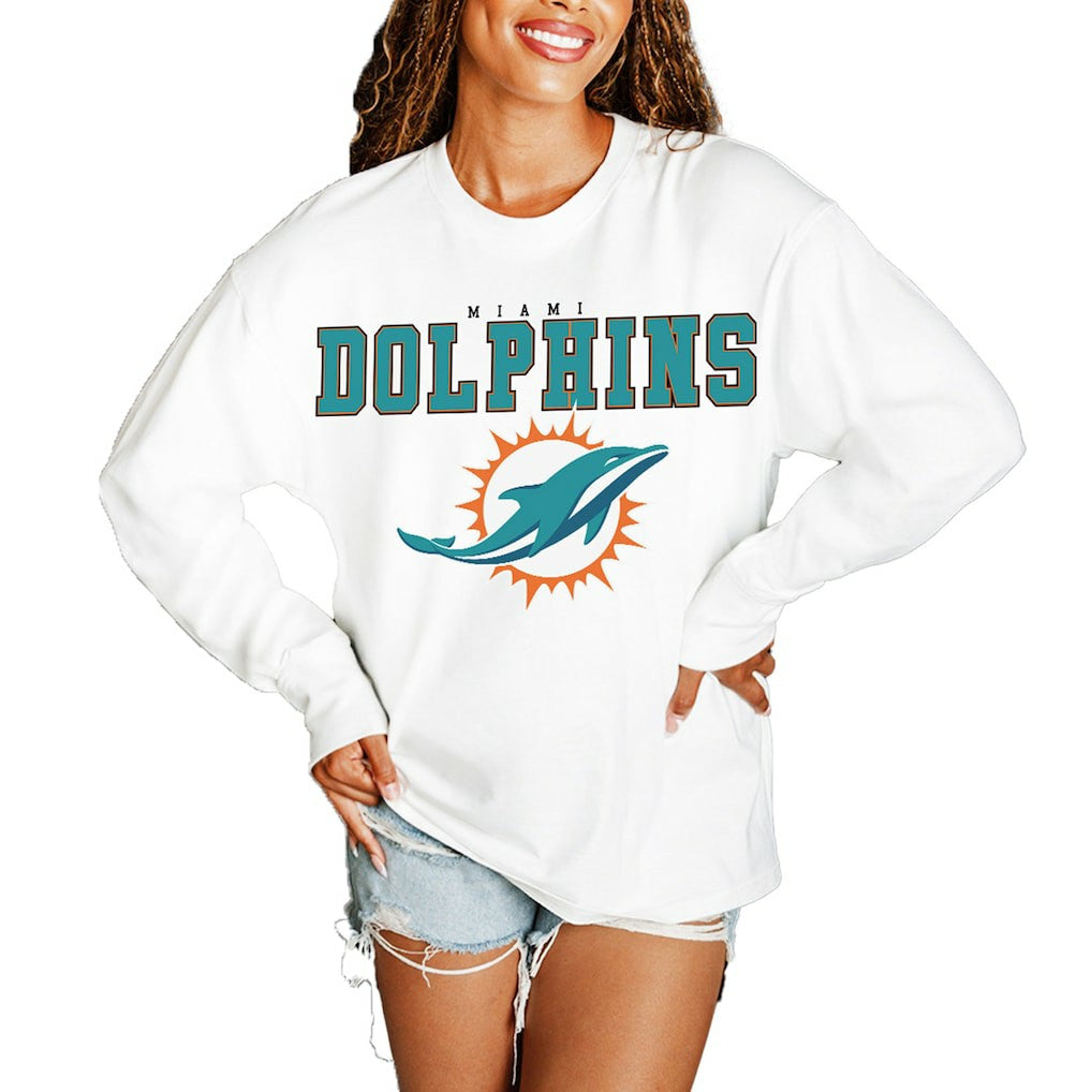 Miami Dolphins Gameday Couture Women's Big Goals Oversized Long Sleeve T-Shirt White