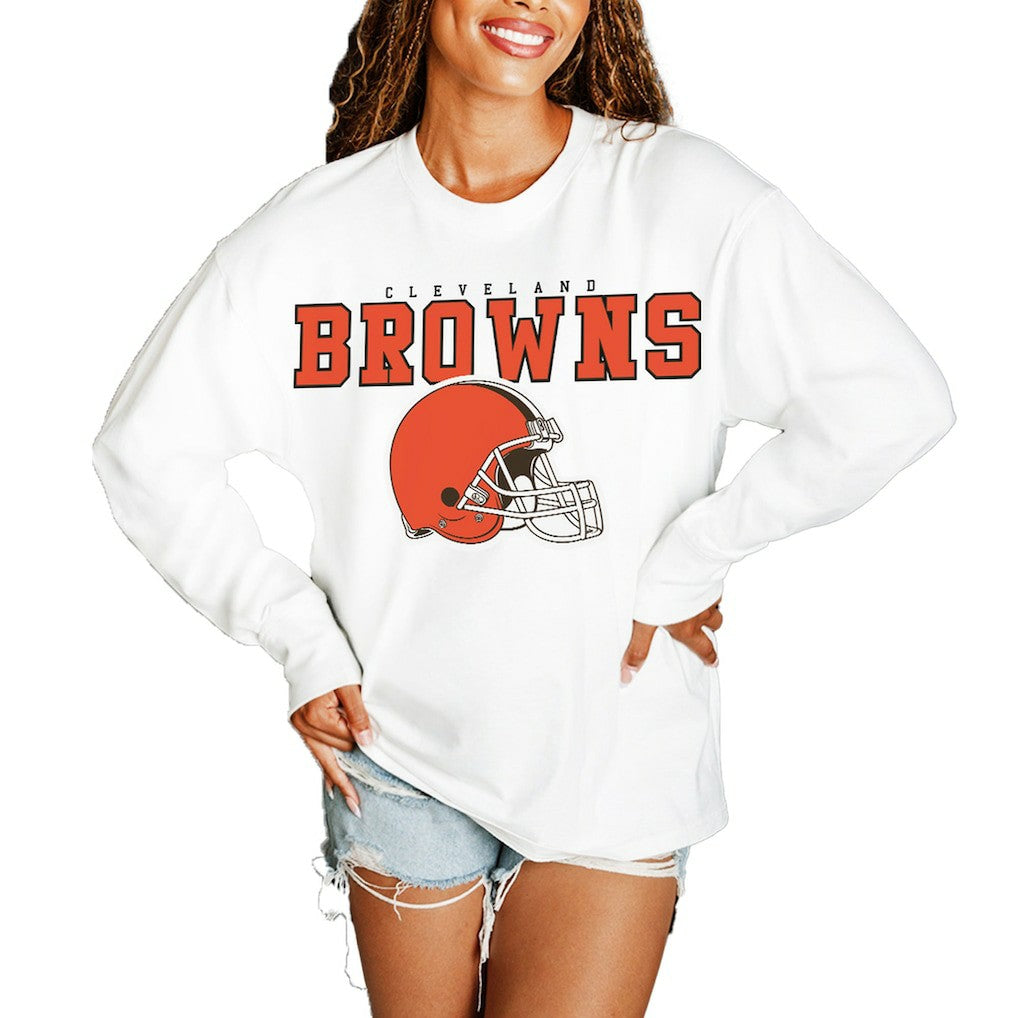 Cleveland Browns Gameday Couture Women's Big Goals Oversized Long Sleeve T-Shirt White