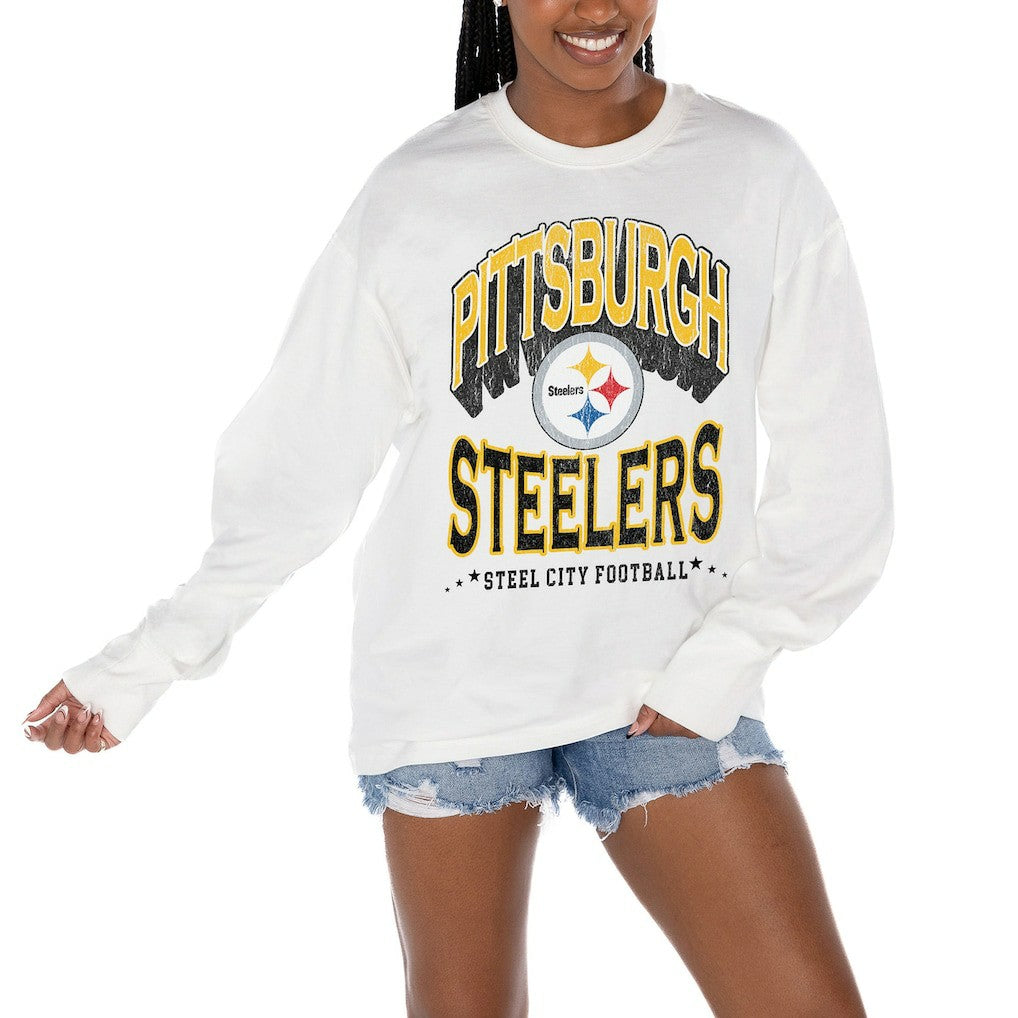 Pittsburgh Steelers Gameday Couture Women's Time Out Oversized Long Sleeve T-Shirt White