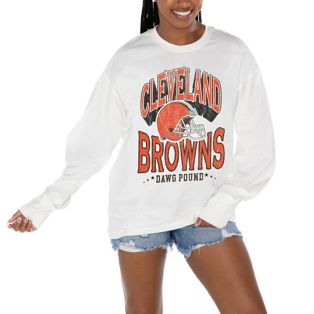 Cleveland Browns Gameday Couture Women's Time Out Oversized Long Sleeve T-Shirt White