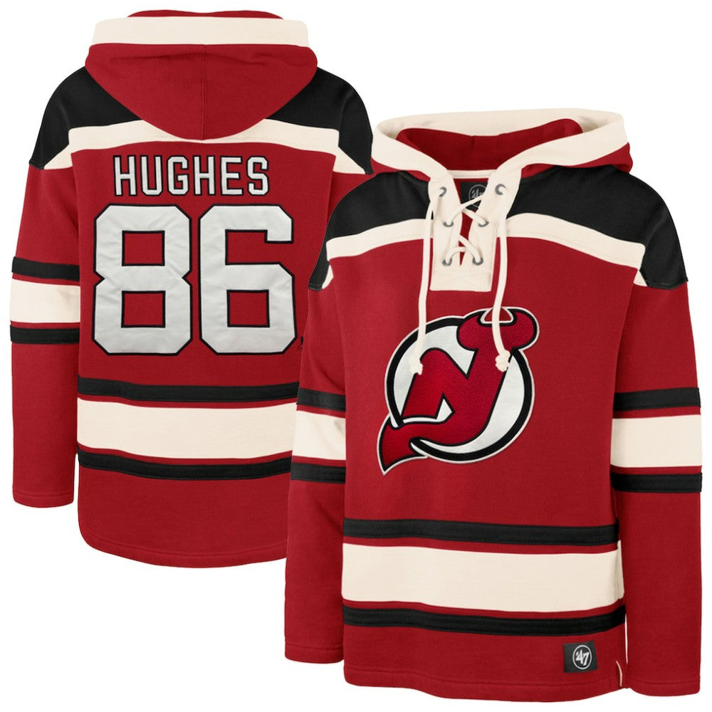 NHL Jack Hughes New Jersey Devils '47 Big & Tall Lace-up Pullover Hoodie - Red