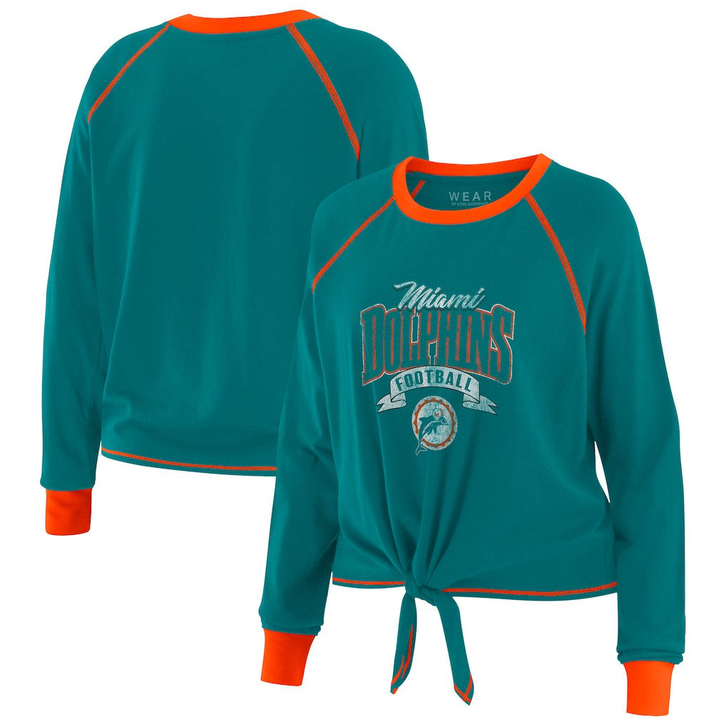 Miami Dolphins WEAR by Erin Andrews Women's Plus Size Tie-Front Long Sleeve Top Aqua/Orange