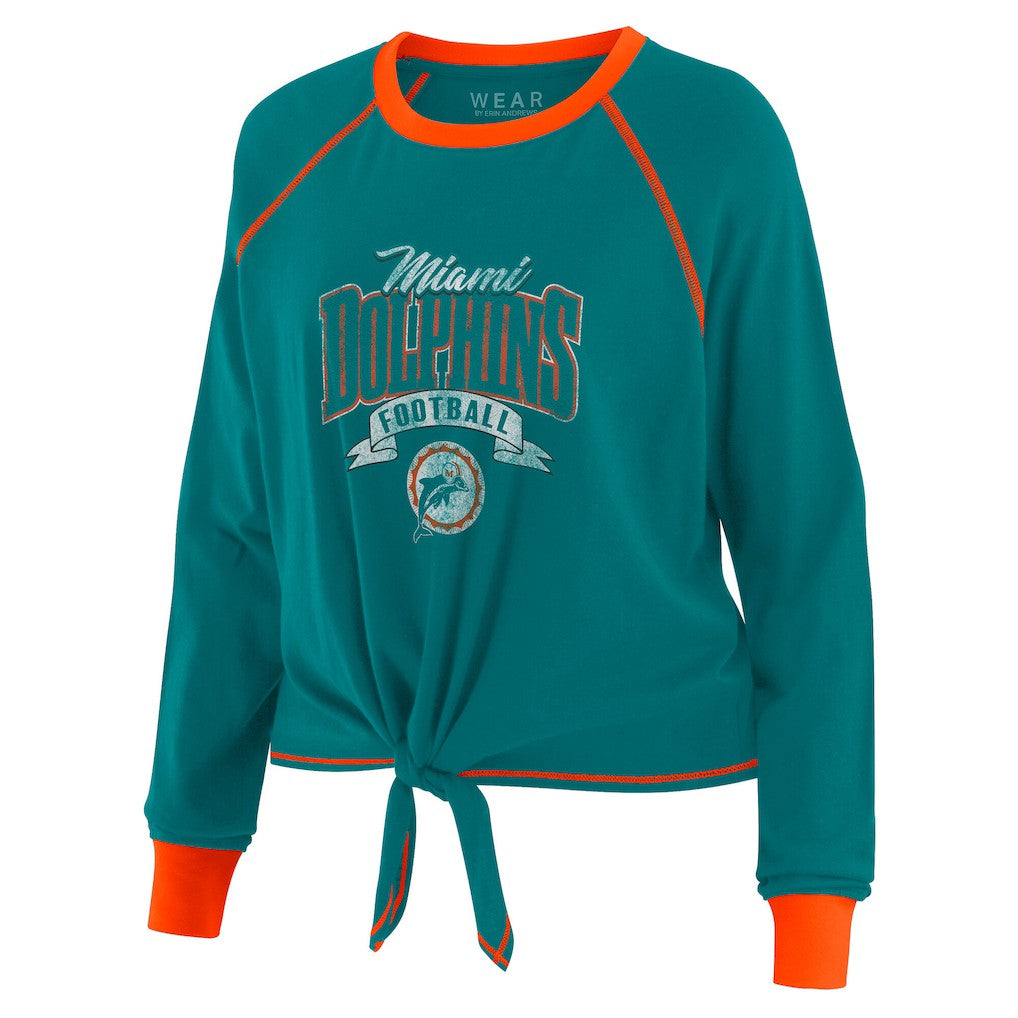 Miami Dolphins WEAR by Erin Andrews Women's Plus Size Tie-Front Long Sleeve Top Aqua/Orange