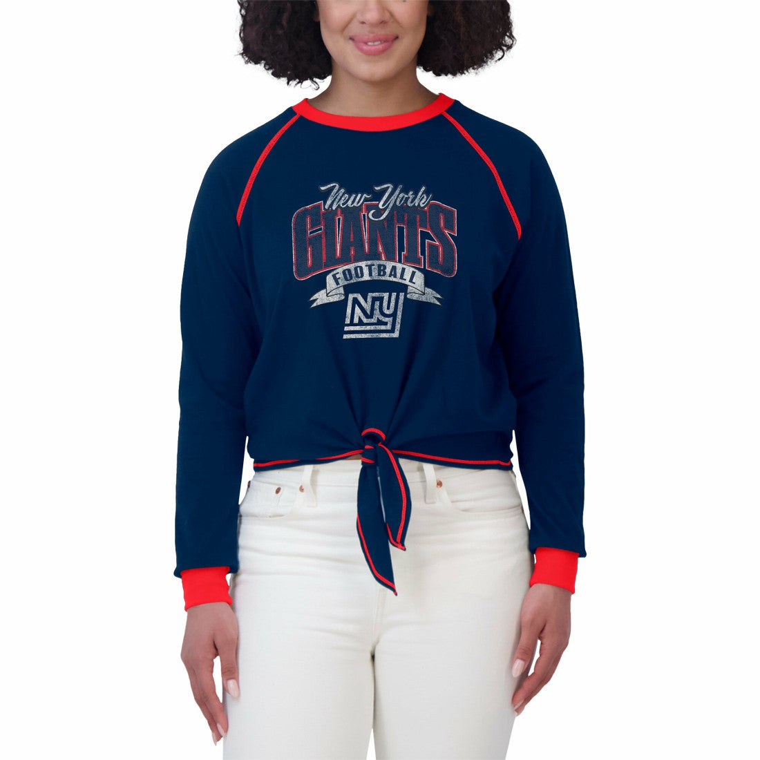 New York Giants WEAR by Erin Andrews Women's Plus Size Tie-Front Long Sleeve Top Royal/Red