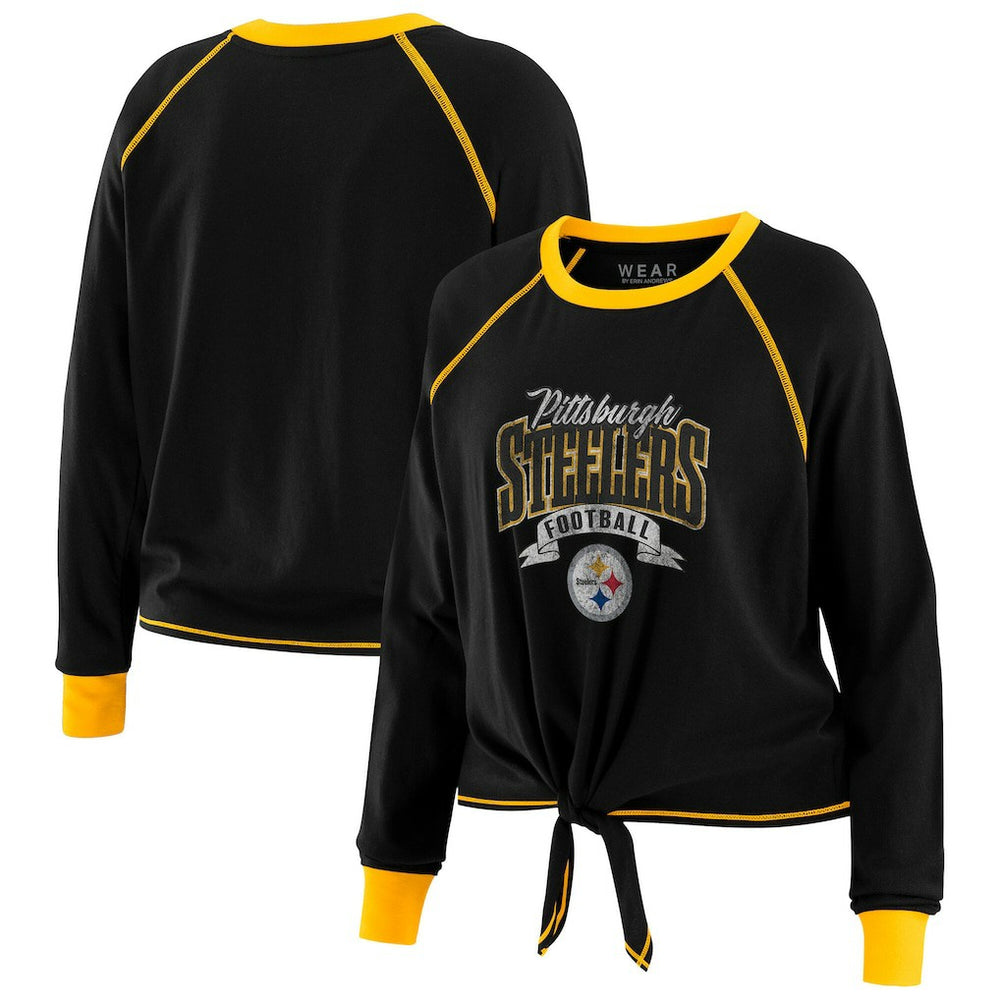 Pittsburgh Steelers WEAR by Erin Andrews Women's Plus Size Tie-Front Long Sleeve Top Black/Gold