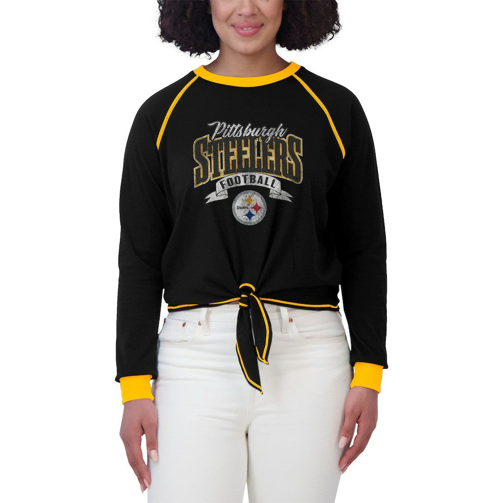 Pittsburgh Steelers WEAR by Erin Andrews Women's Plus Size Tie-Front Long Sleeve Top Black/Gold