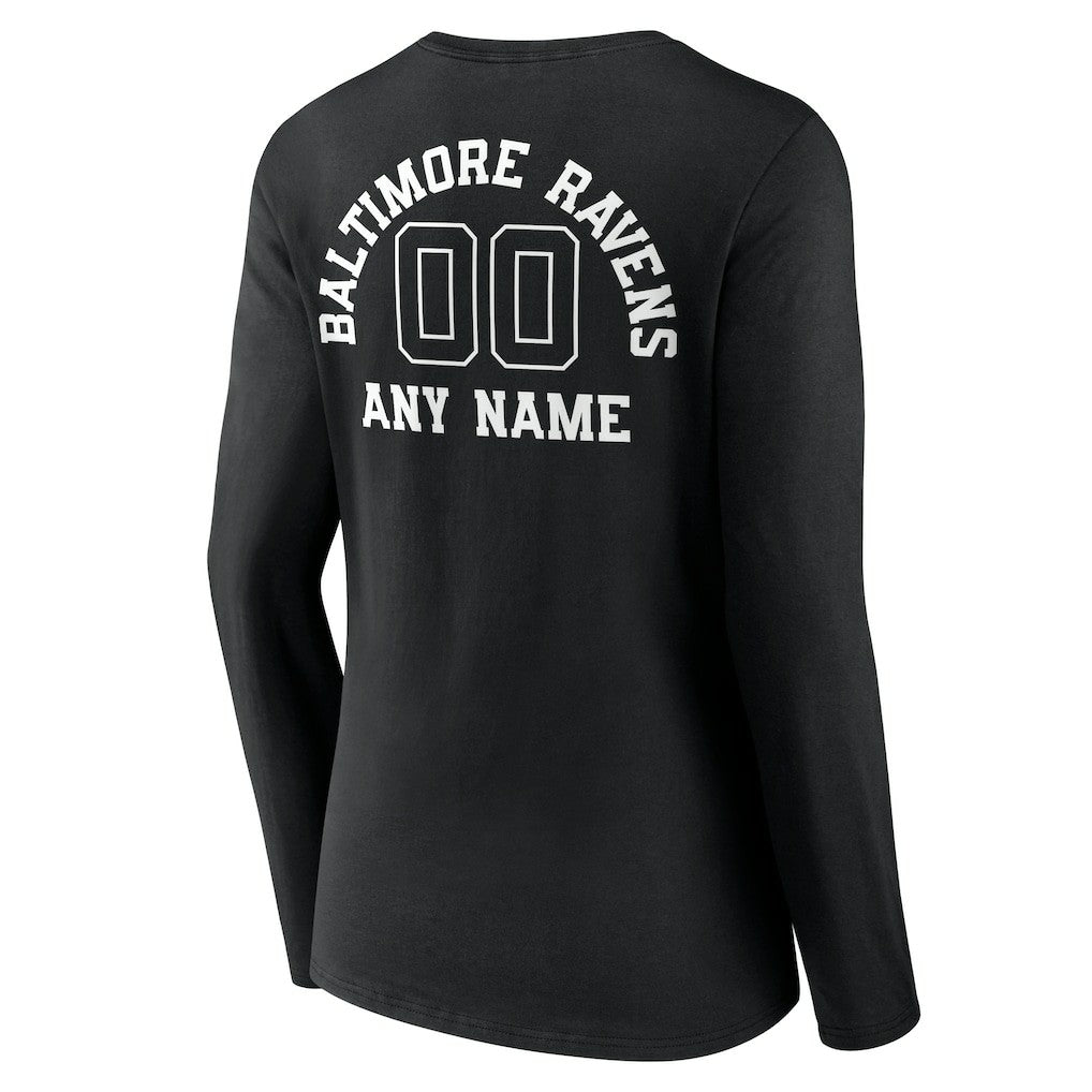 Baltimore Ravens Women's Personalized Name & Number Monochrome Long Sleeve V-Neck T-Shirt Black