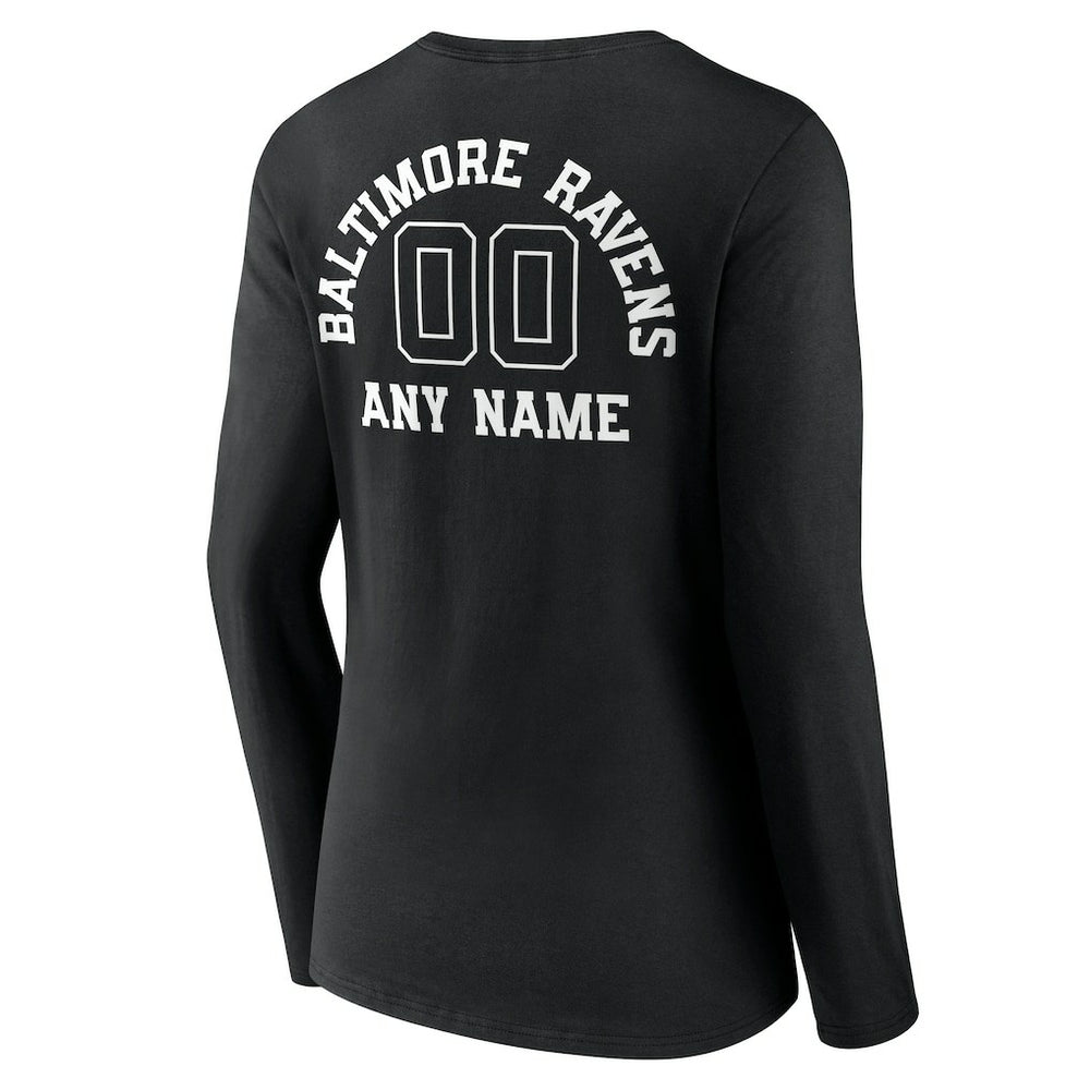 Baltimore Ravens Women's Personalized Name & Number Monochrome Long Sleeve V-Neck T-Shirt Black