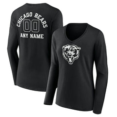 Chicago Bears Women's Personalized Name & Number Monochrome Long Sleeve V-Neck T-Shirt Black