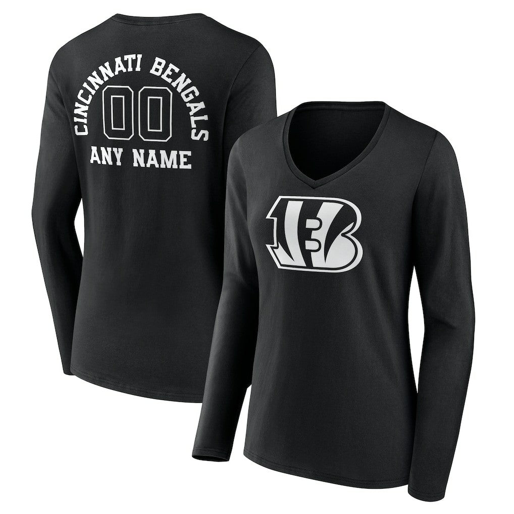 Cincinnati Bengals Women's Personalized Name & Number Monochrome Long Sleeve V-Neck T-Shirt Black