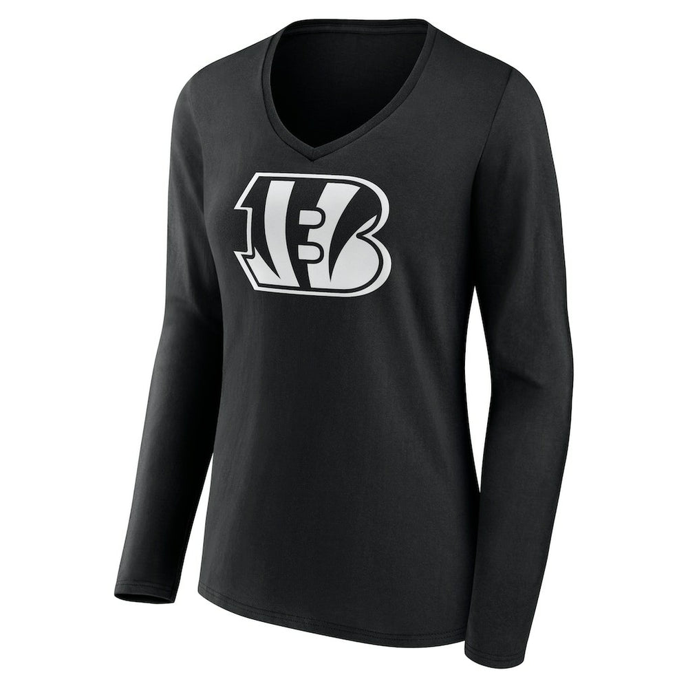 Cincinnati Bengals Women's Personalized Name & Number Monochrome Long Sleeve V-Neck T-Shirt Black