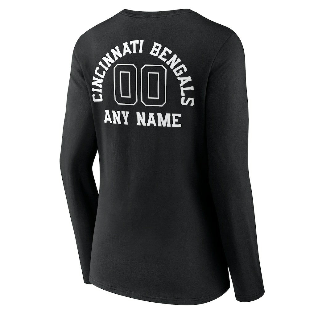 Cincinnati Bengals Women's Personalized Name & Number Monochrome Long Sleeve V-Neck T-Shirt Black