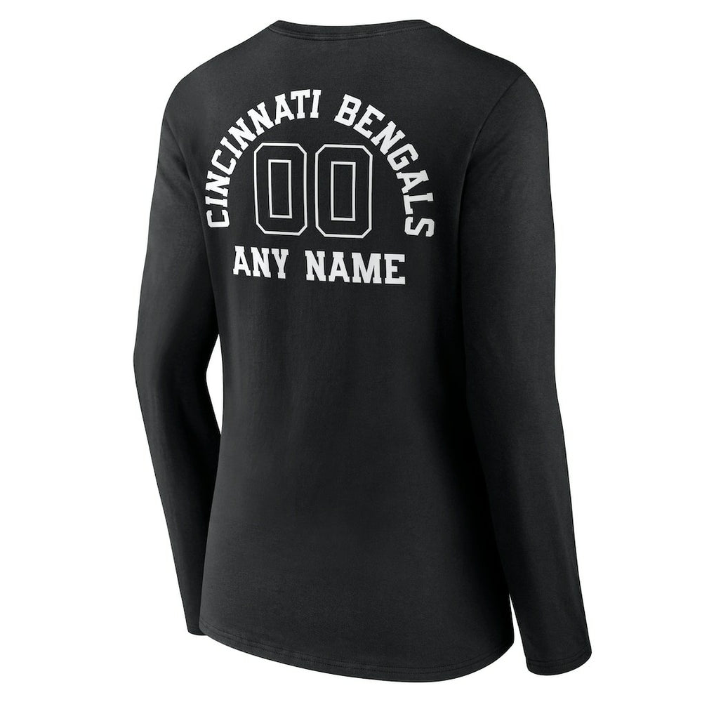 Cincinnati Bengals Women's Personalized Name & Number Monochrome Long Sleeve V-Neck T-Shirt Black