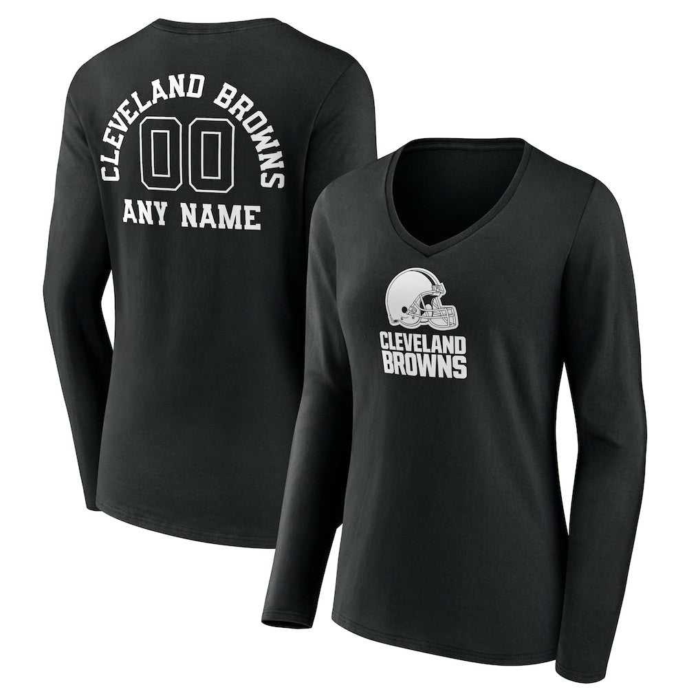 Cleveland Browns Women's Personalized Name & Number Monochrome Long Sleeve V-Neck T-Shirt Black