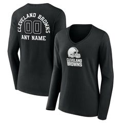 Cleveland Browns Women's Personalized Name & Number Monochrome Long Sleeve V-Neck T-Shirt Black