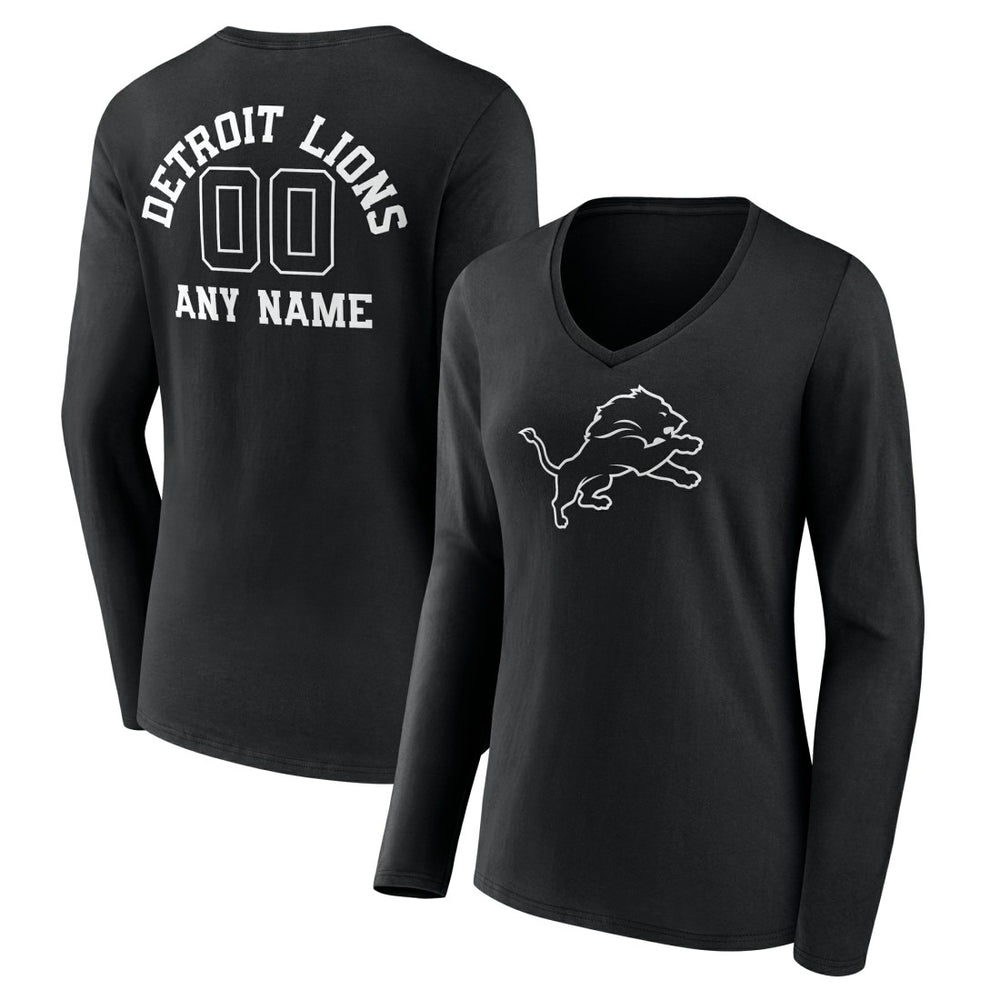 Detroit Lions Women's Personalized Name & Number Monochrome Long Sleeve V-Neck T-Shirt Black